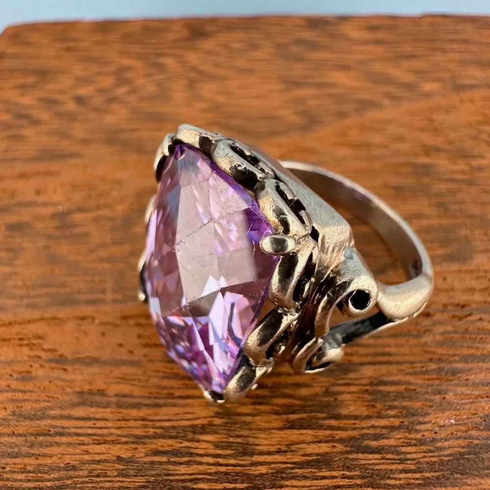 Vintage Sterling Silver Purple Stone Ring Simulated Spinel Large Faceted 6.5
